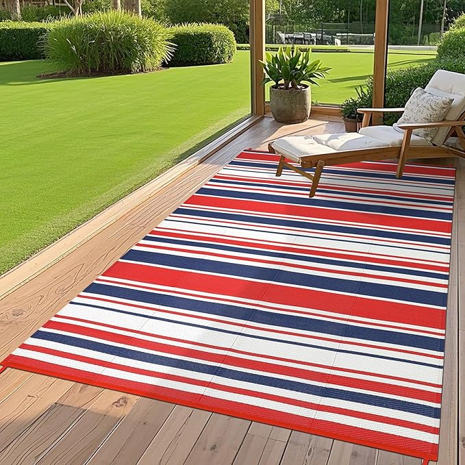 Outdoor Plastic Straw Rug 9x18 Waterproof Outside Rug, Large Modern Striped Reversible Floor Mats, Foldable & Lightweight Camping Carpet for Patio, Porch, Deck, Backyard, Balcony, Red Blue White
