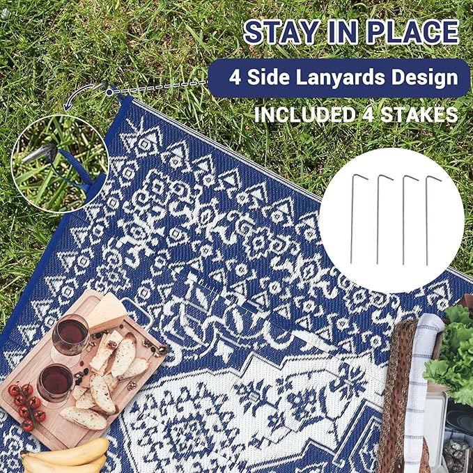 GAOMON Large Outdoor Plastic Straw Rug 10x14 Waterproof Patio Rug Reversible Foldable Portale Camping Mat with Stakes & Bag, Vintage Boho Outside Carpet for RV Garden Deck Porch, Navy