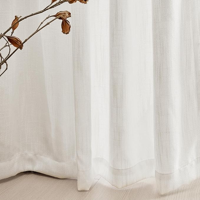 MYSKY HOME Natural Linen White Curtains 84 Inches Long, Semi Sheer Soft Cotton Window Drapes Set for Living Room Back Tab Elegant Cute Look Country Bedroom Curtains, 50" x 84", Beige, Pack-2