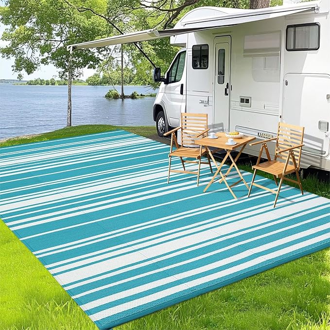 Outdoor Plastic Straw Rug 9x18 Waterproof Outside Rug, Large Modern Striped Reversible Floor Mats, Foldable & Lightweight Camping Carpet for Patio, Porch, Deck, Backyard, Balcony, Light Blue