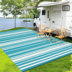 Outdoor Plastic Straw Rug 9x18 Waterproof Outside Rug, Large Modern Striped Reversible Floor Mats, Foldable & Lightweight Camping Carpet for Patio, Porch, Deck, Backyard, Balcony, Light Blue