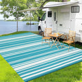 Outdoor Patio Rug 9x12 Stain-Resistant Reversible Camping Mat, Modern Striped Outdoor Plastic Straw Rug, Waterproof Outside Carpet, Easy to Clean for RV, Porch, Deck, Balcony, Light Blue