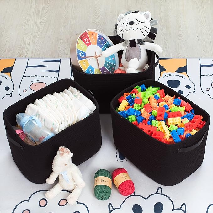 MINTWOOD Design 3-Pack Storage Baskets for Shelves, Decorative Baskets for Organizing, Woven Baskets for Storage, Book Basket Cube Bin Box, Pantry Closet, Shoe Organizer, Black / Black