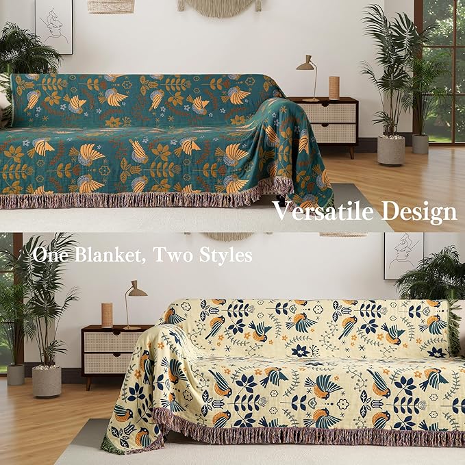 Boho Throw Blanket Full Size, Extra Large Soft Cozy Cotton Muslin Quilt Blanket for Bed Decor, Bird Patterned Couch Sofa Chair Cover, Vintage Farmhouse Cottage Woven Blanket, Green&Beige