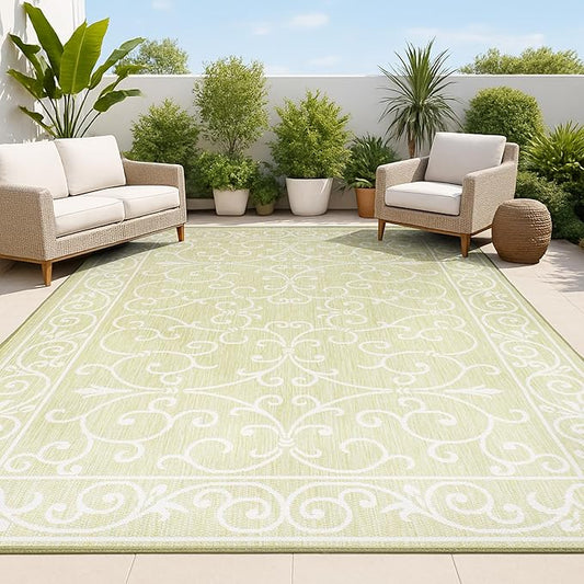 JONATHAN Y Vintage Filigree Indoor Outdoor Area Rug 4X6 Green/Cream, Charleston Textured Weave for Backyard, Patio, Porch, Easy-Cleaning, High Traffic, Pet-Friendly, Non-Shedding (SMB106H-4)