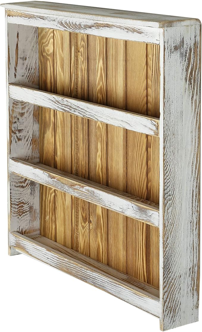 MyGift 3 Tier Wall Mounted Spice Rack, Shabby White Washed and Rustic Natural Burnt Solid Wood Kitchen Pantry Storage Shelf for Seasoning Jars or Condiment Bottles