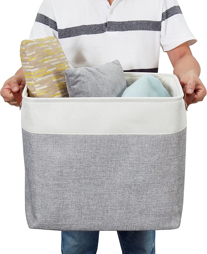 DECOMOMO Storage Baskets | Large Storage Bins 54.5L Fabric Baskets for Organizing Laundry Nursery Toys Cloth Linen Closet Organizers with Handles (Grey and White, XXXL - Jumbo/3P - 17" x 13" x 15")