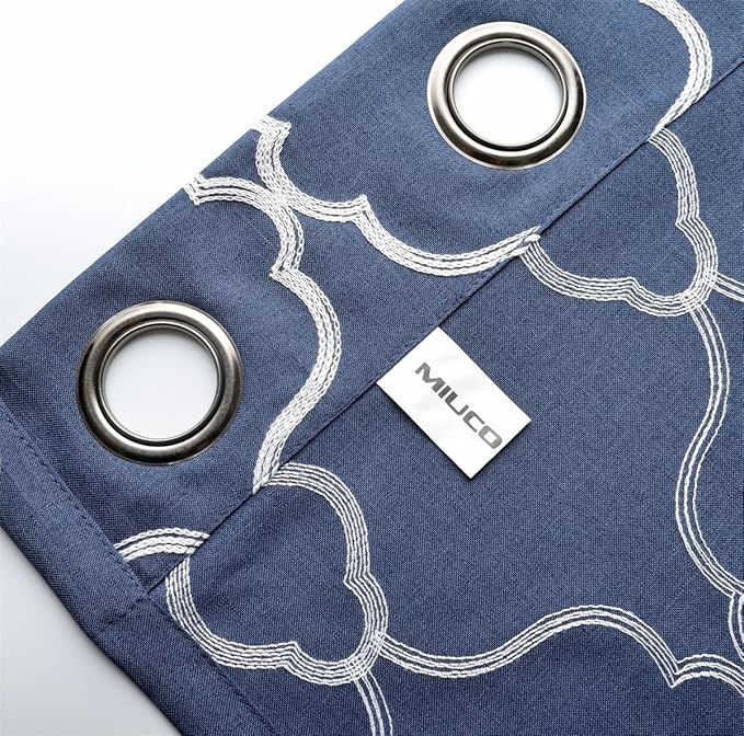 MIUCO Moroccan Embroidered Semi-Sheer Curtains Faux Linen Grommet Window Panels for Doors 52 x 95 Inch 2 Panels, Navy Blue