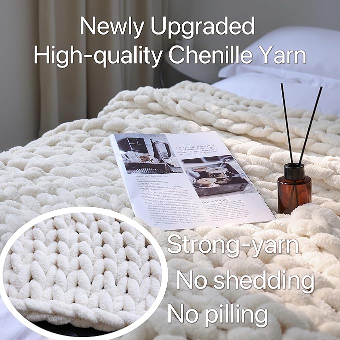 Maetoow Chenille Chunky Knit Blanket Throw （82×86 Inch）, Handmade Warm & Cozy Blanket Couch, Bed, Home Decor, Soft Breathable Fleece Banket, Christmas Thick and Giant Yarn Throws, Cream