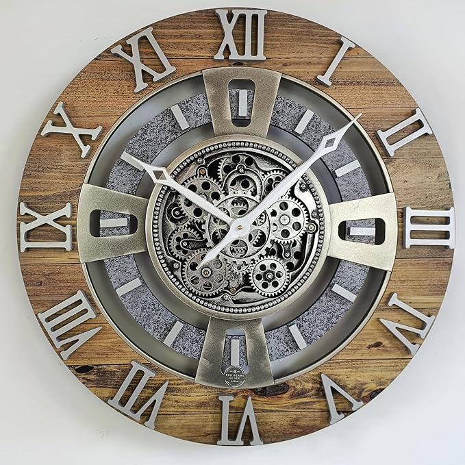 The Gears Clock Real Moving Gear Wall Clock England Line (Wood & Stone, 24 inches (60 cm))