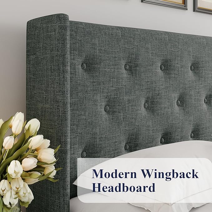 Allewie Queen Size Lift Up Storage Bed, Button Tufted Headboard with Wingback, Hydraulic Support, No Box Spring Needed, Dark Grey