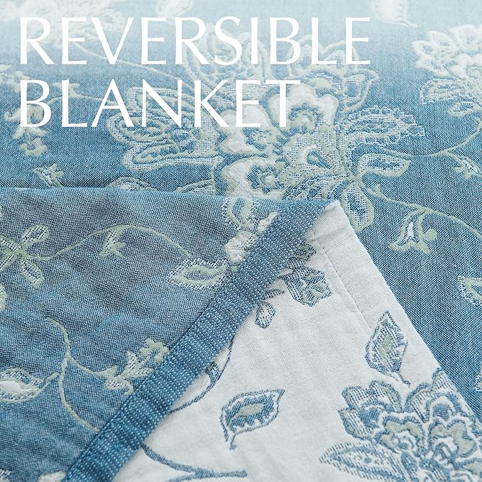 jinchan Boho 100% Cotton Muslin Twin Size 60x80 Inches Blanket Lightweight 4-Layer Quilted Soft Blue and White Floral Throw Blanket Green Accents Reversible Comfy Flower Summer Couch Bedroom Decor