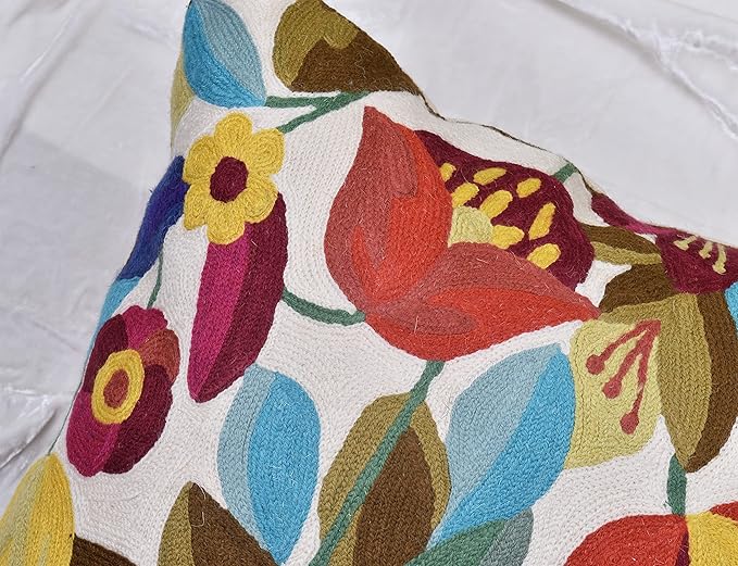 Cream Floral Pillow Cover Blue Flower Pillowcase Boho Cushion Florals Accent Throw Pillowsham Wool Hand Embroidered Size 18x18