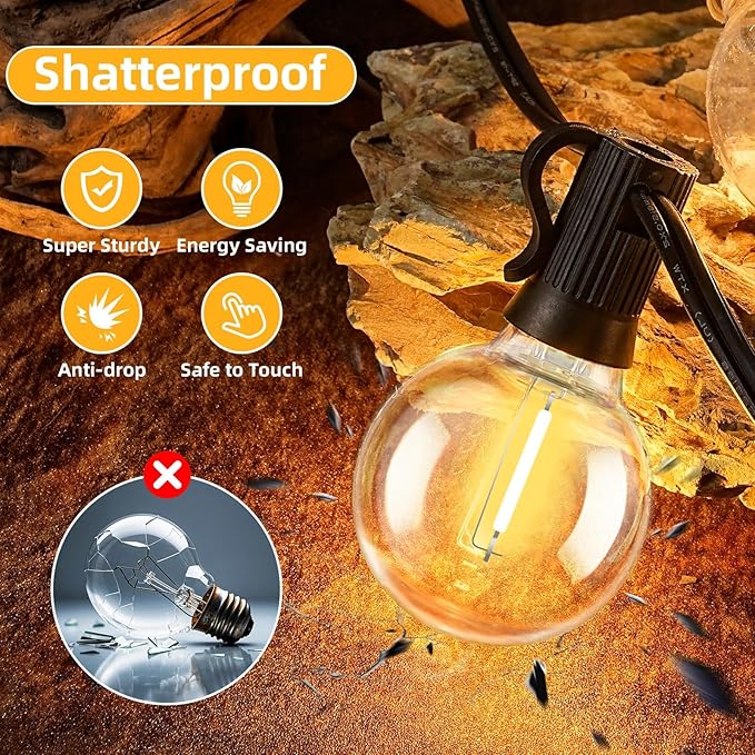 100FT G40 LED Outdoor String Lights with 50 Shatterproof Bulbs + 2 Spares, E12 Socket, 2700K Warm White, Weatherproof Black Cable, for Patio, Backyard, Wedding, Party, Porch, Deck, Gazebo, Camping