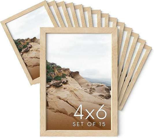 Haus and Hues 4x6 Natural Oak Wood Photo Frame Set of 15 - Mini Picture Frames Bulk Gallery Set - Premium Bulk Picture Frames 4x6 for Stylish Photo Gallery Wall Frame Set - Ideal for Home & Office