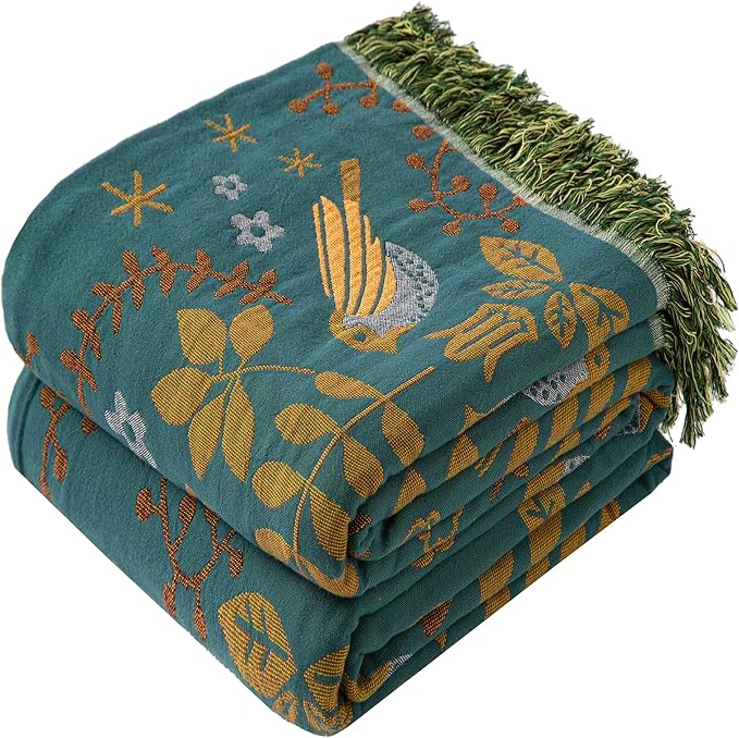 Boho Throw Blanket Queen Size, Oversized Soft Cozy Cotton Muslin Quilt Blanket for Bed Decor, Bird Patterned Couch Sofa Chair Cover, Vintage Farmhouse Cottage Woven Blanket, Green&Beige