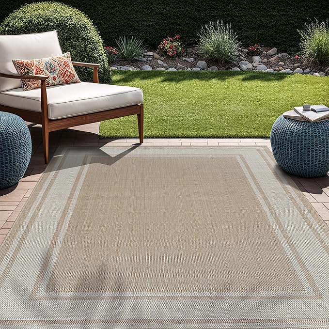 Beverly Rug Large Outdoor Rug 10x14 Modern Bordered Area Rugs for Indoor and Outdoor Patio Deck Porch Garden Waterproof Weather Sun Resistant Washable Outside Carpet (10 x 14 Beige)