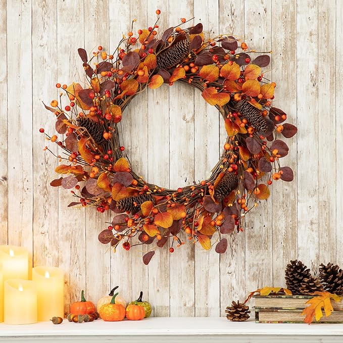 Glitzhome 22" D Fall Eucalyptus Berry Wreath, Artificial Wreaths Rustic Hanging Ornaments for Fall Front Door Wall Decor
