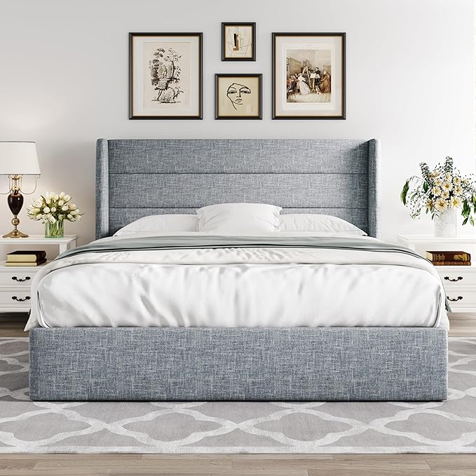 Allewie Full Size Lift Up Storage Bed, Modern Wingback Headboard, Hydraulic Support, No Box Spring Needed, Grey Blue