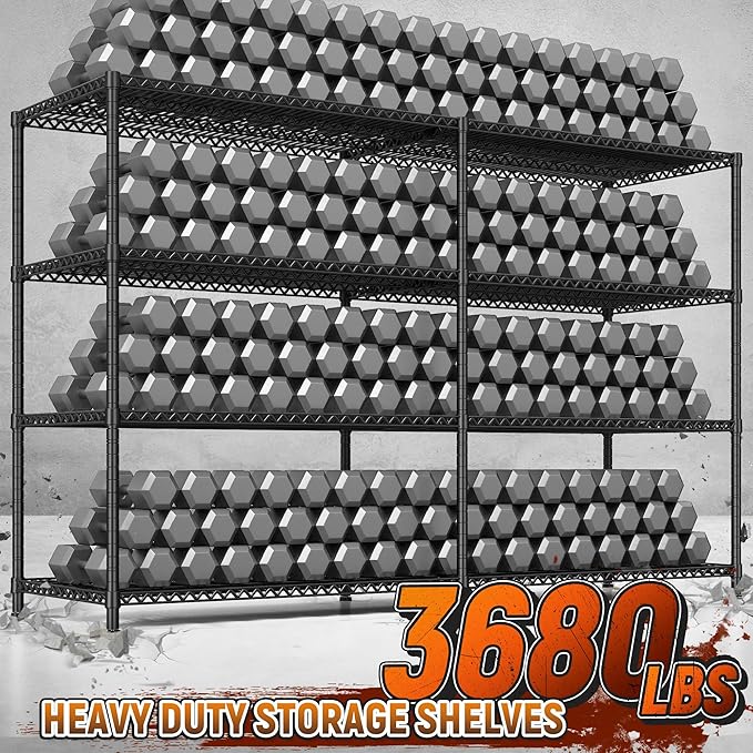 REIBII 81.5''W Storage Shelves 3680LBS Garage Shelving Heavy Duty 4 Tier Metal Shelving Unit Adjustable Wire Shelf and Storage Pantry Shelves for Kitchen Garage，81.5Wx23.62Dx70.86H，Black