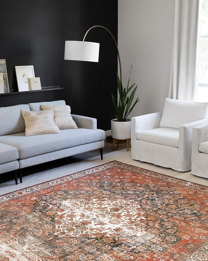 Loloi Layla Collection LAY-05 Ocean/Multi 3'-6" x 5'-6" .13" Thick Accent Rug, Soft, Durable, Vintage Inspired, Distressed, Low Pile, Non-Shedding, Easy Clean, Printed, Living Room Rug