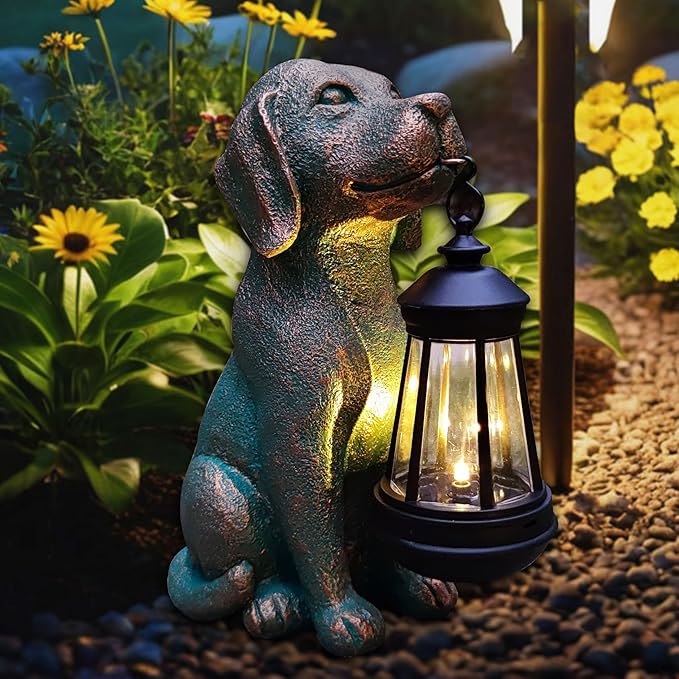 Dog Garden Statue Outdoor Décor with Solar Lights Lantern,Dog Solar Light Figurines Outside Decorations for Yard，Lawn ,Patio, Balcony, Unique Housewarming Gifts