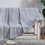 JINCHAN Boho 100% Cotton Blanket Muslin Twin Size 60x80 Inches Lightweight 3-Layer Geometric Triangle Striped Pattern Reversible Quilt Throw Soft Breathable Comfy All Seasons for Couch Bed Decor, Blue