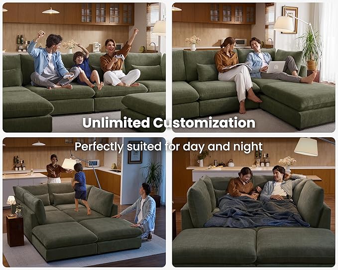 Oversized Modular Sofa, Extra Deep Cloud Chenille Sectional Couch with Ottoman Chaise, Fluffy Chenille 2 Seater Sofa Bed for Living Room, Villa (Loveseat Sofa, Chenille Green)