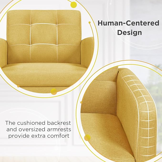 Yaheetech Mid-Century Accent Chairs, Modern Upholstered Living Room Chair, Cozy Armchair Button Tufted Back and Wood Legs for Bedroom/Office/Cafe, Set of 2, Yellow