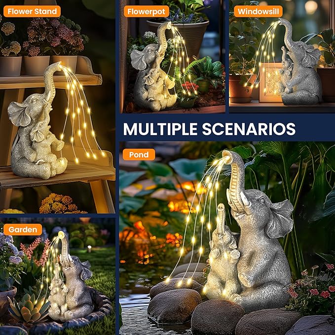 GIGALUMI Solar Garden Outdoor Statues for Women, Mom, Grandma. Elephant Figurine Housewarming and Birthday Gifts Outdoor Statue Light Decor Ornament for Backyard, Patio, Balcony, Lawn, Pond