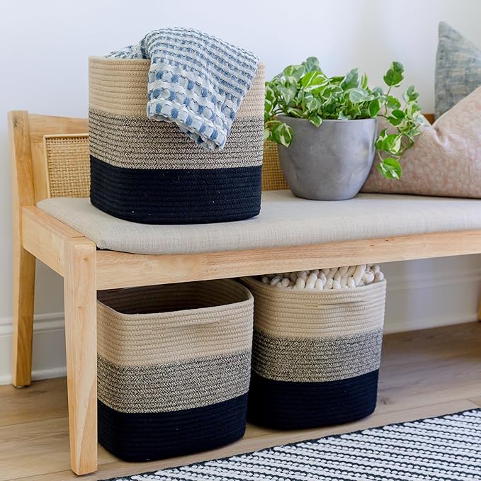 NaturalCozy Storage Cubes 11 Inch Cotton Rope Woven Baskets for Organizing, 3-Pack | Cube Storage Bin | Square Storage Baskets for Shelves Organizer, Classroom, Kids Toy Bins, Closet, Baby Nursery