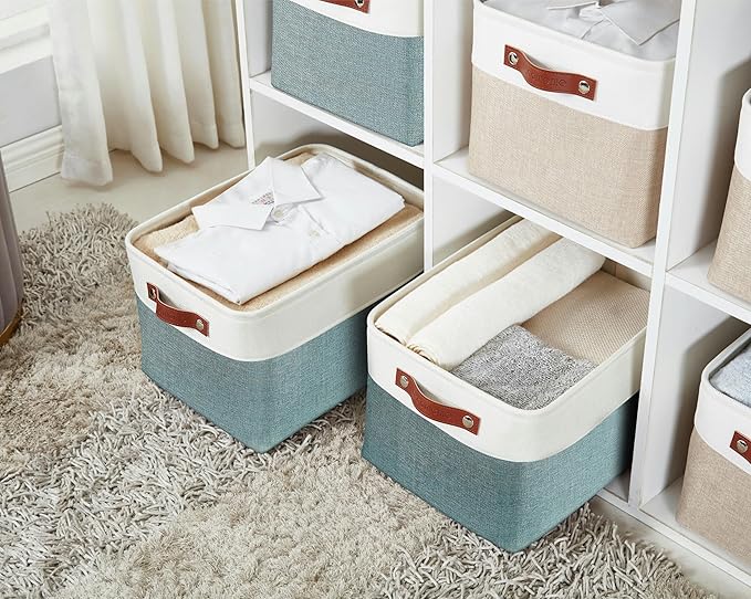 DECOMOMO Storage Bins Fabric Storage Baskets for Shelves, Linen Closet Organization Toys Nursery (Green and White, Large - 3 Pack)