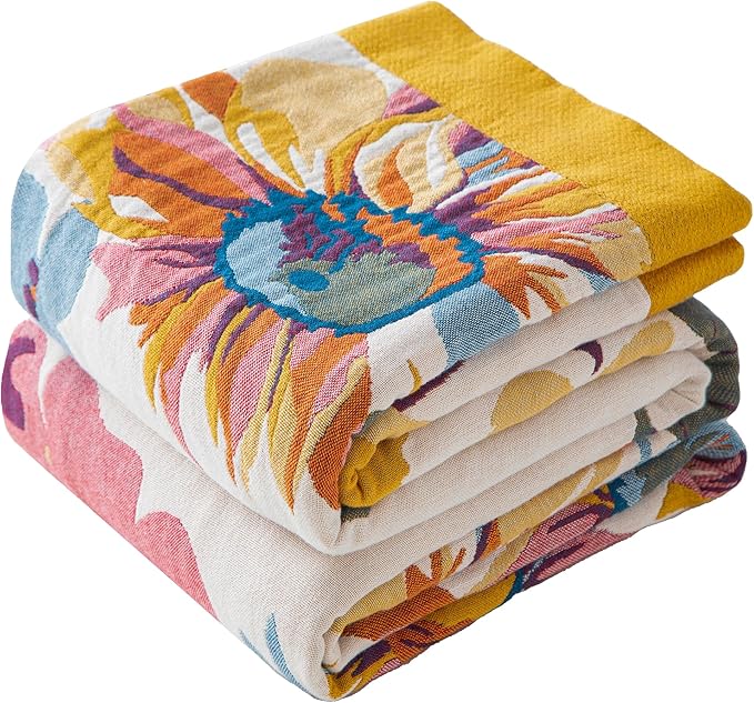 Boho Throw Blanket Twin Size, Soft Cozy Cotton Muslin Quilt Blanket for Bed Decor, Floral Patterned Couch Sofa Chair Cover, Vintage Farmhouse Cottage Tapestry Woven Blanket, Yellow&Blue