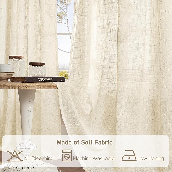 LAMIT Short Window Linen Curtains 36 Inch Length 2 Panels, Beige Light Filtering Panels Bronze Grommet Neutral Drapes for Bathroom/Loft Room, 34 x 36 Inch