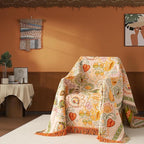 Boho Throw Blanket Queen Size, Oversized Soft Cozy Cotton Muslin Quilt Blanket for Bed Decor, Floral Patterned Couch Sofa Chair Cover, Vintage Farmhouse Cottage Woven Blanket, Coral&Green