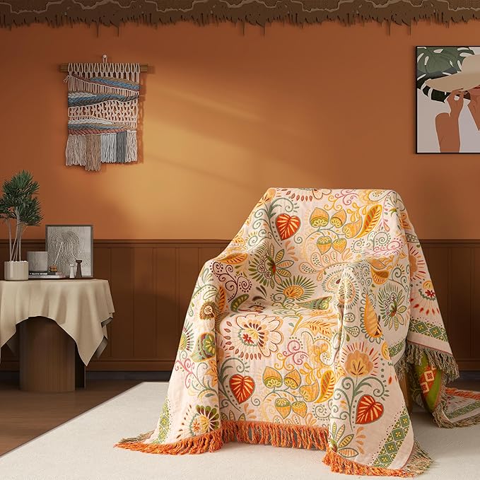 Boho Throw Blanket Queen Size, Oversized Soft Cozy Cotton Muslin Quilt Blanket for Bed Decor, Floral Patterned Couch Sofa Chair Cover, Vintage Farmhouse Cottage Woven Blanket, Coral&Green