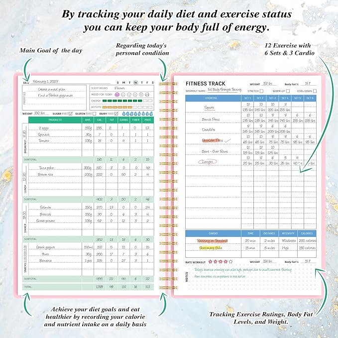 Wellness Planner & Fitness Log - Daily Diet & Health Journal with Weight Loss, Wellness Journal Notebook for Tracking Fitness, Sleep, Nutrition, Meal, Habits, A5(5.8 x 8.6 inch) (Pink)
