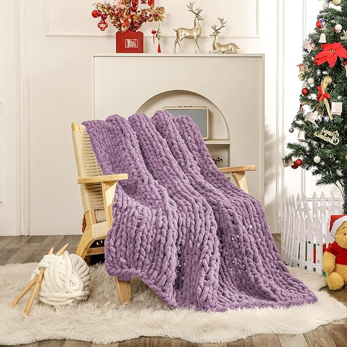 WESHIONGOO Chunky Knit Blanket Throw 50"×60" Knitted Throw Blankets for Couch Bed Fluffy Soft Blanket with Jumbo Chenille Yarn Thick 100% Handmade(Lilac)
