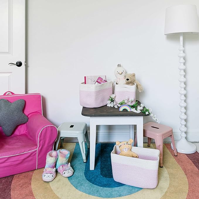 OrganiHaus Woven Storage Baskets for Organizing, Cotton Rope Organizer Bins for Shelves, Closet & Nursery, Dog Toy Basket, Decorative Bins for Toys, Towels & Books - 15x10x9, Pink/Off-White