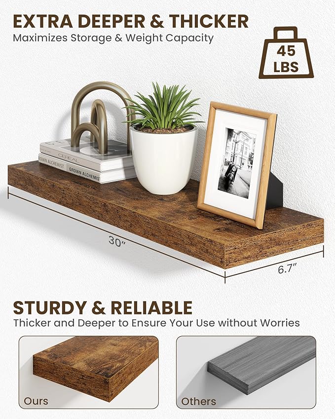 Marsmiles 30" Floating Shelves for Wall, Wooden Shelves with Invisible Brackets Set of 2, Rustic Farmhouse Wall Mounted Shelf for Kitchen Bathroom Living Room Study, Rustic Brown