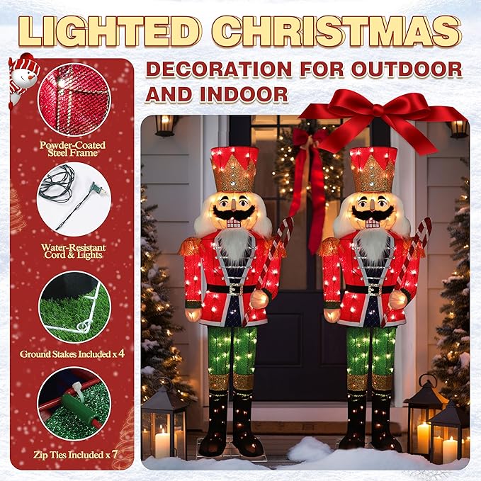5FT Lighted Nutcracker with Candy Cane for Christmas Decoration, 3D Pre-Lit Iridescent Soldier Xmas Decor with 100 Warm White Lights, Glittered Standing Holiday Display for Outdoor, Indoor
