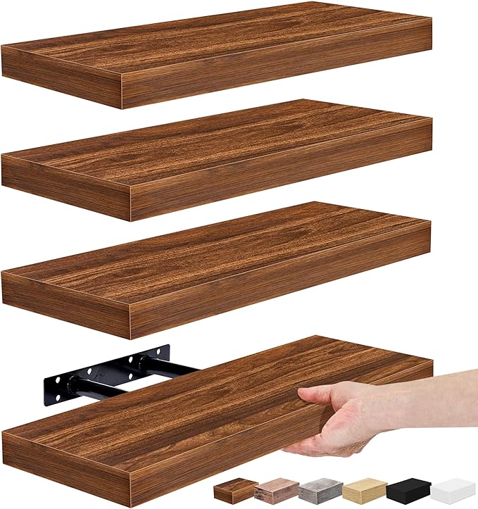 Sorbus Floating Shelves for Wall, Bathroom Shelves Wall Mounted for Kitchen, Bedroom, Living Room, Bathroom Storage, Over Toilet, Hanging Book Shelf for Ｗall Home Decor (Walnut, 4 Pack)