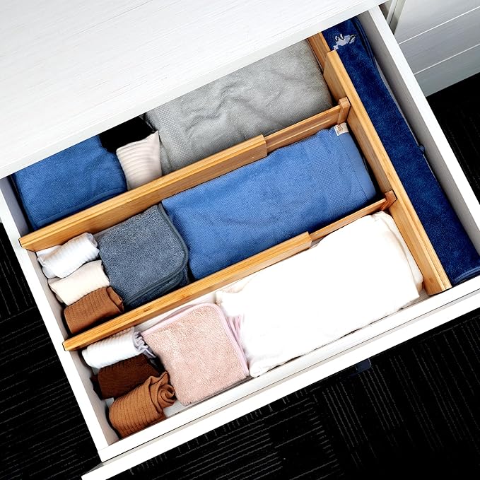 Utoplike Bamboo Drawer Dividers Large(Fits 18.6"-20.6" Drawer Inner Size, Height > 4.05"), Adjustable Kitchen Drawer Organizers for Clothing, Spring Loaded, 4 pcs