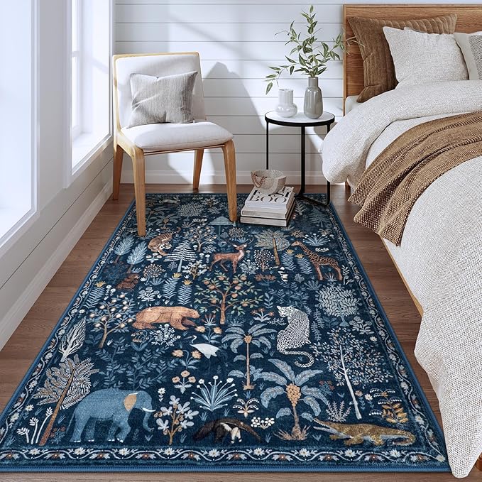 OJIA Jungle Print Blue 5x7 Rugs for Living Room, Soft Ultra-Thin Washable Area Rugs for Bedroom Non-Slip Modern Entryway Rug Non Shedding Indoor Carpet Kids Rugs for Playroom Nursery Classroom