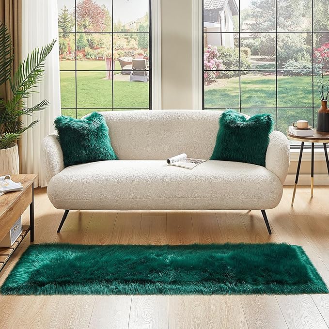 AMTOVO Faux Fur Rug, Dark Green Ultra Soft Fluffy Shag Sheepskin Rug, 2 x 6 ft Runner Area Rugs for Bedroom Sofa Throw Cushion Room Decor, Rectangle