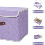 ANMINY 4PCS Storage Bins with Lid PU Leather Handles Storage Boxes PP Plastic Board Decorative Foldable Lidded Cotton Linen Fabric Home Cubes Baskets Closet Organizer Containers - Purple, Large Size
