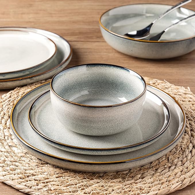 GBHOME Ceramic Dinnerware Sets for 6, 18 Pieces Stoneware Plates and Bowls Sets, Reactive Glaze Dishes -Scratch Resistant, Dishwasher&Microwave Safe, Green Wheat