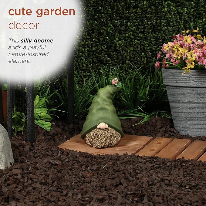 Alpine Corporation - 10" Tall Outdoor Garden Gnome Decor - Gnome Head with Rope Beard and Flower on Green Hat – Durable Lawn Scupture, Ideal for Patio, Deck, & Yard