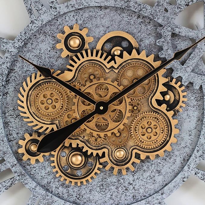The Gears Clock 36'' Inch Real Moving Gear Wall Clock Vintage Industrial Oversized Rustic Farmhouse (Wood and Stone)
