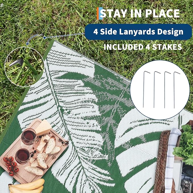 GAOMON Waterproof Plastic Straw Rug 9x12 Outdoor Patio Rug, Reversible Modern Camping Mat with Bag & Stakes, UV Resistant & Easy to Clean Outdoor Carpet for RV, Deck, Balcony, Green